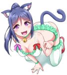  1girl animal_ears bare_shoulders bell bell_collar blush bow bowtie bra breasts cat_ears cat_tail cleavage collar collarbone earrings eyes_visible_through_hair frilled_bra frilled_legwear frilled_panties frills jewelry kneeling looking_at_viewer love_live! love_live!_sunshine!! matsuura_kanan panties ponytail smile solo tail underwear violet_eyes white_background yopparai_oni 