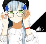 1girl adjusting_eyewear bangs beanie blunt_bangs blush bracelet breasts casual eyebrows_visible_through_hair facial_mark girls_frontline glasses green_eyes hair_ornament hat highres hk416_(girls_frontline) ichiki_1 jewelry long_hair looking_at_viewer medium_breasts nail_polish parted_lips red_nails sidelocks silver_hair solo sweater teardrop very_long_hair white_sweater wristband 