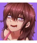  1girl artist_name bags_under_eyes bandaid bandaid_on_nose bare_shoulders brown_hair camisole collarbone ears eyelashes highres long_hair looking_at_viewer messy_hair nickniceth open_mouth original pink_camisole purple_background smile solo teeth upper_body violet_eyes 