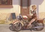  1girl belt blonde_hair cat chalkboard_sign cup drinking drinking_straw gloves goggles goggles_around_neck ground_vehicle kty_(jarijarikun) motor_vehicle motorcycle open_sign original outdoors short_hair short_shorts shorts sitting solo steampunk yawning 