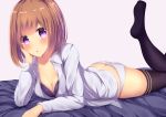  1girl :o amane_1906 arm_support ass bangs bed_sheet black_bra black_legwear bra breasts brown_eyes brown_hair butt_crack chin_rest cleavage double_horizontal_stripe dress_shirt eyebrows_visible_through_hair grey_background hair_ornament hairclip highres leg_up legs light_blush long_sleeves looking_at_viewer lying medium_breasts medium_hair mole mole_on_breast no_pants on_bed on_stomach original panties parted_lips print_legwear shirt solo swept_bangs thigh-highs thighs underwear white_panties white_shirt 