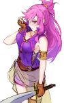  1girl armlet bangs bare_shoulders blush breasts cleavage commentary english_commentary fingerless_gloves fire_emblem fire_emblem:_seima_no_kouseki from_above gloves highres holding holding_sword holding_weapon ippers large_breasts long_hair looking_at_viewer marica_(fire_emblem) nintendo pink_eyes pink_hair ponytail purple_hair purple_shirt shirt shirt_pull skirt sleeveless sleeveless_shirt solo standing sword thigh_strap thighlet violet_eyes weapon work_in_progress 