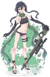  1girl ai_arctic_warfare bikini black_hair bolt_action elbow_gloves gloves grin gun navel nike_(smaaaash) one_eye_closed original rifle scarf short_hair_with_long_locks smile sniper_rifle solo swimsuit thick_eyebrows weapon yellow_eyes 