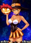  1girl blonde_hair green_eyes hat highres jack-o&#039;-lantern mito_ikumi open_mouth pumpkin redhead shokugeki_no_souma skirt sky star_(sky) starry_sky tenzen_(netspike) witch_hat yukihira_souma 