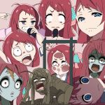  against_glass blue_eyes bow commentary_request expressions green_skin hair_bow kuma_dai microphone minamoto_sakura mud pink_hair scar zombie zombieland_saga 