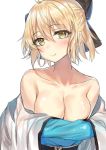  1girl bare_shoulders black_bow blonde_hair blush bow breasts cleavage collarbone eyebrows_visible_through_hair fate/grand_order fate_(series) hair_between_eyes hair_bow hakuishi_aoi looking_at_viewer medium_breasts okita_souji_(fate) okita_souji_(fate)_(all) short_hair simple_background smile solo upper_body white_background yellow_eyes 