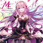  1girl artist_request bangs breasts cleavage detached_collar dress eyebrows_visible_through_hair hair_ornament headphones highres long_hair looking_at_viewer medium_breasts megurine_luka navel official_art open_mouth petals pink_hair shiny shiny_clothes shiny_hair simple_background smile solo strapless strapless_dress thigh-highs vocaloid 