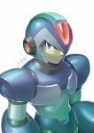 1boy android green_eyes helmet hi-go! male_focus rockman rockman_x serious signature simple_background solo upper_body white_background x_(rockman) 