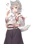  1girl animal_ears breasts detached_sleeves dress eyebrows_visible_through_hair highres inubashiri_momiji large_breasts mamemochi midriff navel open_mouth red_eyes short_hair silver_hair tagme tail touhou white_background wolf_ears wolf_tail 