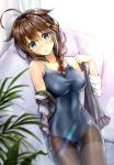  1girl absurdres ass_visible_through_thighs bare_shoulders blue_eyes blush braid breasts brown_eyes brown_hair closed_mouth hair_flaps hair_ornament head_tilt highres indoors jewelry kantai_collection kotatsu_(kotatsu358) leaf long_hair looking_at_viewer medium_breasts off_shoulder pantyhose pantyhose_under_swimsuit plant remodel_(kantai_collection) ring scan shigure_(kantai_collection) shiny shiny_hair shiny_skin sidelocks swimsuit undressing 