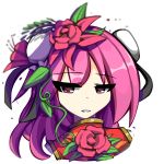  1girl black_ribbon chinese_clothes double_bun flower gold_trim grin ibaraki_kasen kaliningradg leaf looking_at_viewer medium_hair pink_eyes pink_hair plant ribbon rose smile smug solo tabard touhou vines 