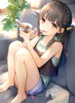  1girl bangs bare_legs bare_shoulders barefoot black_hair blush braid brown_eyes closed_mouth couch cup denim denim_shorts eating eyebrows_visible_through_hair food hair_bobbles hair_ornament highres holding holding_spoon ice_cream indoors kaguyuzu long_hair looking_at_viewer on_couch original plant potted_plant shorts sitting smile solo spoon spoon_in_mouth striped tank_top toes tongue tongue_out vertical_stripes 