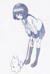  1girl black_footwear black_hair black_legwear blue_skirt commentary_request dog flat_color full_body holding_leash kneehighs leaning_forward leash loafers long_sleeves neckerchief pet school_uniform serafuku shoes short_hair skirt solo tonmoh white_dog yellow_neckwear 