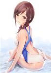  1girl ass back_cutout bangs bare_shoulders blush breasts brown_eyes brown_hair eyebrows_visible_through_hair hair_between_eyes hair_over_shoulder idolmaster idolmaster_cinderella_girls looking_at_viewer looking_back medium_breasts mifune_miyu nannacy7 one-piece_swimsuit open_mouth simple_background sitting skindentation smile swimsuit water wet wet_clothes wet_swimsuit white_background 