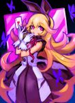  1girl azure_striker_gunvolt bare_arms black_ribbon blonde_hair bug butterfly card dakusuta dress eyebrows_visible_through_hair finger_to_mouth gloves hair_between_eyes hair_ornament hair_ribbon heart highres holding holding_card insect long_hair playing_card purple_ribbon ribbon solo very_long_hair violet_eyes white_gloves zonda_(gunvolt) 