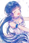  1girl :d ^_^ arm_garter bangs bare_shoulders black_hair blunt_bangs blush breasts closed_eyes closed_eyes collarbone commentary_request dress eyebrows_visible_through_hair facing_viewer flower frills hair_flower hair_ornament highres idolmaster idolmaster_million_live! idolmaster_million_live!_theater_days jewelry kitakami_reika long_hair low_twintails open_mouth pendant poyo_(shwjdddms249) purple_flower sleeveless sleeveless_dress small_breasts smile solo twintails very_long_hair white_dress 