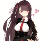  1girl bangs blazer blush breasts collared_shirt embarrassed eyebrows_visible_through_hair flying_sweatdrops framed_breasts girls_frontline hair_ribbon half_updo heart high-waist_skirt high_collar holding_letter jacket large_breasts letter long_hair looking_at_viewer love_letter naruwe necktie one_side_up open_mouth pov purple_hair red_eyes red_neckwear red_ribbon ribbon shirt simple_background skirt tsundere tsurime very_long_hair wa2000_(girls_frontline) white_background 