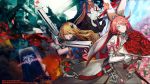  3girls arc_system_works battle_rifle blazblue bolverk bouquet crossover dual_wielding elphelt_valentine fal_(girls_frontline) ferret flower fn_fal girls_frontline guilty_gear guilty_gear_xrd gun highres holding multiple_girls noel_vermillion official_art petals rifle rose weapon 