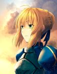  1girl ahoge artoria_pendragon_(all) blonde_hair braided_bun breastplate clouds cloudy_sky fate/stay_night fate_(series) from_side green_eyes lip-mil saber short_hair sidelocks sky solo tied_hair upper_body 