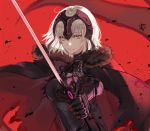  1girl armor armored_dress black_cape black_dress cape dress eyebrows_visible_through_hair fate/grand_order fate_(series) grin hair_between_eyes headpiece holding holding_sword holding_weapon jeanne_d&#039;arc_(alter)_(fate) jeanne_d&#039;arc_(fate)_(all) kim_eb looking_at_viewer red_background short_hair silver_hair smile solo sword upper_body weapon yellow_eyes 