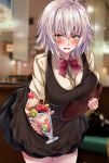  1girl ahoge apron bangs black_skirt blush bow collared_shirt commentary_request cup dessert dress_shirt eyebrows_visible_through_hair fate/grand_order fate_(series) food fruit fruit_cup hair_between_eyes highres indoors jeanne_d&#039;arc_(alter)_(fate) jeanne_d&#039;arc_(fate)_(all) leaning_forward marisasu_(marisa0904) milkshake nail_polish open_mouth red_bow restaurant shirt short_sleeves silver_hair skirt solo thighs tray waitress yellow_eyes yellow_shirt 