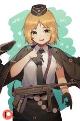  1girl :d bangs black_gloves black_jacket black_skirt blonde_hair brown_eyes character_name collared_shirt commentary copyright_name english_commentary eyebrows_visible_through_hair girls_frontline gloves green_background gun half_gloves head_tilt hentaki highres jacket jacket_on_shoulders mp40 mp40_(girls_frontline) object_namesake open_mouth round_teeth shirt short_sleeves skirt smile solo star submachine_gun teeth two-tone_background upper_teeth watermark weapon web_address white_background white_shirt 