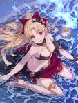 1girl alternate_costume alternate_hairstyle bangs between_breasts bikini blonde_hair breasts butt_crack collarbone colored_eyelashes commentary_request contemporary detached_collar earrings ereshkigal_(fate/grand_order) eyebrows_visible_through_hair fate/grand_order fate_(series) from_above hair_ribbon hoop_earrings jewelry long_hair looking_at_viewer lowleg lowleg_bikini m-ya medium_breasts midriff necklace open_mouth parted_bangs ponytail red_bikini red_eyes ribbon sand sarong sitting spine stomach swimsuit water wet wet_clothes 