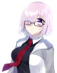  1girl black-framed_eyewear eyebrows_visible_through_hair fate/grand_order fate_(series) glasses hair_over_one_eye hood hooded_jacket jacket mash_kyrielight mipe_(r_kkk12) necktie open_clothes open_jacket parted_lips red_neckwear short_hair silver_hair solo upper_body violet_eyes 