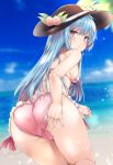  1girl ass bangs beach bikini black_hat blue_hair blue_sky blurry blurry_background breasts closed_mouth clouds cloudy_sky day eyebrows_visible_through_hair food frilled_bikini frills from_behind fruit hat highres hinanawi_tenshi leaning_forward long_hair looking_at_viewer looking_back medium_breasts peach pink_bikini red_eyes revision sand sky solo string_bikini swimsuit touhou water yuhito_(ablbex) 
