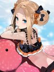  1girl abigail_williams_(fate/grand_order) andrian_gilang bangs bikini black_bow blonde_hair blue_eyes blush bow double_bun fork hair_bow highres long_hair looking_at_viewer mouth_hold orange_bow outdoors parted_bangs polka_dot polka_dot_bow solo sweat swimsuit upper_body 