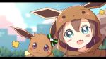  1girl animal_hood blue_eyes blurry blurry_background blush_stickers brown_hair cityscape commentary_request creatures_(company) eevee fang game_freak gen_1_pokemon grass hair_between_eyes hair_ribbon highres hololive hood looking_at_viewer natsuiro_matsuri nintendo okota_mikan open_mouth pokemon pokemon_(creature) pokemon_(game) portrait ribbon sky solo 