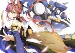  1girl absurdres animal_ear_fluff animal_ears bare_shoulders blue_kimono breasts detached_sleeves fang fate/grand_order fate_(series) fox_ears fox_girl fox_tail highres japanese_clothes jie_laite kimono large_breasts mecha pink_hair robot simple_background solo tail tamamo_(fate)_(all) tamamo_no_mae_(fate) white_background yellow_eyes 