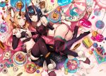  2girls :q animal ass bangs bare_shoulders blonde_hair blush body_markings breasts cake candy crop_top cup detached_sleeves earrings elbow_gloves eyebrows_visible_through_hair facial_mark fate/grand_order fate_(series) food gloves hirai_yuzuki horns ibaraki_douji_(fate/grand_order) jewelry knee_up lollipop long_hair looking_at_viewer lying makeup multiple_girls navel on_back oni oni_horns open_mouth panties parted_lips pointy_ears purple_hair saucer short_hair shorts shuten_douji_(fate/grand_order) sidelocks signature singlet small_breasts smile tattoo toeless_legwear tongue tongue_out underwear violet_eyes yellow_eyes 