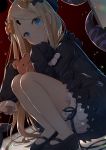  1girl abigail_williams_(fate/grand_order) bangs black_bow black_dress black_footwear black_hat blonde_hair bloomers blue_eyes blush bow bug butterfly closed_mouth commentary dress dutch_angle eyebrows_visible_through_hair fate/grand_order fate_(series) hair_bow hat head_tilt highres insect keyhole long_hair long_sleeves looking_at_viewer mary_janes object_hug orange_bow parted_bangs polka_dot polka_dot_bow shoes sleeves_past_fingers sleeves_past_wrists solo squatting stuffed_animal stuffed_toy suction_cups teddy_bear tentacle underwear very_long_hair white_bloomers yano_mitsuki 