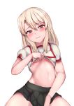  1girl black_skirt blonde_hair blush breasts cowboy_shot fate/grand_order fate_(series) hair_between_eyes head_tilt highres illyasviel_von_einzbern lifted_by_self long_hair looking_at_viewer midriff navel no_bra red_eyes shirt shirt_lift sikijou77o simple_background skirt small_breasts smile solo spread_legs under_boob white_background white_shirt 
