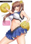  1girl action_pizazz arms_up bangs blue_eyes breasts brown_hair cheerleader hand_on_hip highres large_breasts long_hair looking_at_viewer midriff navel open_mouth pleated_skirt pom_poms saigadou shiny shiny_hair shiny_skin simple_background skirt sleeveless smile solo twintails white_background 