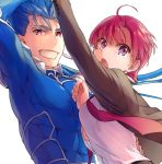  1boy 1girl ahoge arm_up bazett_fraga_mcremitz blue_bodysuit blue_hair bodysuit brown_jacket earrings fate/hollow_ataraxia fate_(series) grin hand_on_another&#039;s_back jacket jewelry lancer misoiri_(gokutsubushi) open_clothes open_jacket open_mouth red_eyes redhead shirt simple_background smile white_background white_shirt 