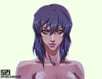  1girl commentary cyberpunk cyborg english_commentary ghost_in_the_shell green_eyes kusanagi_motoko looking_at_viewer mullet purple_hair science_fiction signature simple_background solo suppa-rider upper_body 