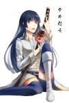  1girl bangs belt black_belt blue_hair blue_legwear boots collared_shirt commentary_request cravat doughnut food gintama holding holding_sword holding_weapon imai_nobume k1217y katana knee_up long_hair long_sleeves looking_at_viewer looking_to_the_side open_mouth shirt simple_background sitting solo sword text_focus thigh-highs translated violet_eyes weapon white_background white_footwear white_neckwear white_shirt wing_collar zettai_ryouiki 