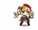  &gt;_&lt; 1girl ankle_boots bangs beret black_ribbon black_skirt blonde_hair blouse blush_stickers boots bridal_gauntlets brown_dress brown_gloves brown_legwear chibi cloak corset cropped_blouse dress embroidery floating_hair full_body garter_straps girls_frontline gloves gun hair_ribbon hat holding holding_gun holding_weapon kneeling long_hair lowres mod3_(girls_frontline) neck_ribbon official_art puffy_short_sleeves puffy_sleeves red_cloak red_footwear red_hat ribbon saru shirt short_sleeves simple_background skirt solo spinning sten_gun sten_mk2_(girls_frontline) submachine_gun tearing_up thigh-highs twintails weapon white_background white_blouse wind yellow_eyes 