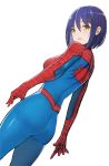  1girl ass bodysuit cosplay looking_back nijisanji pupps purple_hair shizuka_rin short_hair skin_tight solo spider-man spider-man_(cosplay) spider-man_(series) virtual_youtuber white_background yellow_eyes 