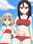  2girls :o arm_grab bangs bare_shoulders bikini black_hair blonde_hair blue_eyes blue_sky breasts cleavage closed_mouth clouds cloudy_sky day food frown girls_und_panzer gluteal_fold hair_between_eyes highres holding holding_food katyusha licking looking_at_viewer medium_breasts multiple_girls navel nonna outdoors popsicle red_bikini ruruepa short_hair side-tie_bikini sky standing strapless strapless_bikini swept_bangs swimsuit tongue tongue_out upper_body v-shaped_eyebrows 