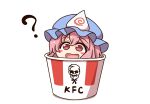  1girl :d ? bangs blue_headwear blush_stickers bucket commentary_request hair_between_eyes hat highres in_bucket in_container kfc mob_cap open_mouth pink_eyes pink_hair saigyouji_yuyuko shitacemayo short_hair simple_background smile solo touhou triangular_headpiece white_background 