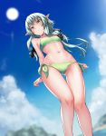 1girl bikini black_bow blue_sky bow closed_eyes clouds day elf from_below goblin_slayer! green_bikini green_eyes green_hair hair_bow high_elf_archer_(goblin_slayer!) long_hair looking_at_viewer navel outdoors pointy_ears ryuinu side-tie_bikini sky smile solo standing sun swimsuit 