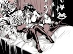  3csdelivery bed boku_no_hero_academia boots breastless_clothes dominatrix domino_mask dreaming drooling garter_straps high_heel_boots high_heels horns leotard long_hair lying mask midnight_(boku_no_hero_academia) mole mole_under_eye monochrome mount_lady multiple_girls on_back open_mouth sleeping 