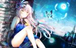  1girl 2018 artist_name bang_dream! bare_shoulders blue_dress blue_flower blush bug butterfly collarbone commentary_request dated dress eyebrows_visible_through_hair feathers floral_print flower full_moon gothic_lolita hair_flower hair_ornament hairband hand_up highres insect lolita_fashion long_hair masa_(mirage77) minato_yukina moon night outdoors partial_commentary reflection silver_hair sitting sky solo star star_(sky) starry_sky thighs wallpaper yellow_eyes 