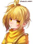  1girl artist_name blonde_hair blush hair_ornament looking_at_viewer mataichi_mataro ole_tower pout shirt simple_background solo upper_body white_background yellow_eyes yellow_shirt 