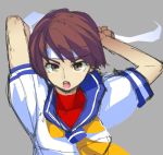  1girl bangs blue_sailor_collar breasts brown_eyes brown_hair grey_background headband kasugano_sakura looking_at_viewer open_mouth sailor_collar school_uniform serafuku short_hair short_sleeves simple_background sketch solo street_fighter tying_headband yuusuke_(5yusuke3) 