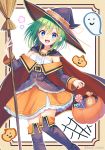  1girl :d blue_eyes blush boots broom candy cape commentary crescent crescent_hair_ornament dress food frills hair_ornament halloween hat lollipop looking_at_viewer open_mouth original shirai_tanuki smile solo takeda_emi thigh-highs thigh_boots twitter_username witch_hat zettai_ryouiki 