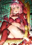  1girl :d alluring_chief_warden_look bra breasts chains chair cleavage cropped_legs elbow_gloves fate/grand_order fate_(series) flower gloves h_shai hat holding holding_weapon long_hair looking_at_viewer medb_(fate)_(all) medb_(fate/grand_order) medium_breasts open_mouth pink_hair red_bra red_flower red_gloves red_hat red_legwear red_rose red_skirt riding_crop rose sitting skirt smile solo thigh-highs underwear weapon yellow_eyes 